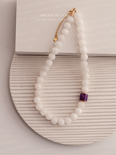 Mystic Harmony｜Hetian White Jade Necklace | Purple Lepidolite｜Beaded Necklace