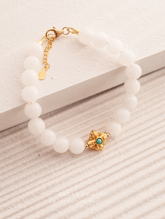 Blessing Bead｜Hetian White Jade Bracelet | Turquoise Inlay｜Gold-Plated Silver