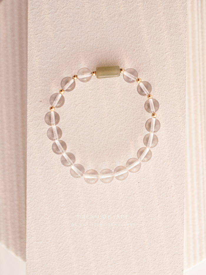 Misty Glimmer Bracelet with Hetian Green Jade, Clear Quartz, and 14k Gold-Filled Spacer Beads - Stretchable Design