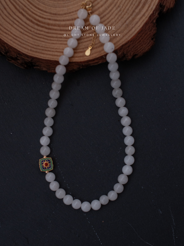 White Jade Blossom Necklace with Hetian Jade and Cloisonné Enamel, Sterling Silver Gold-Plated - Traditional Chinese Craftsmanship