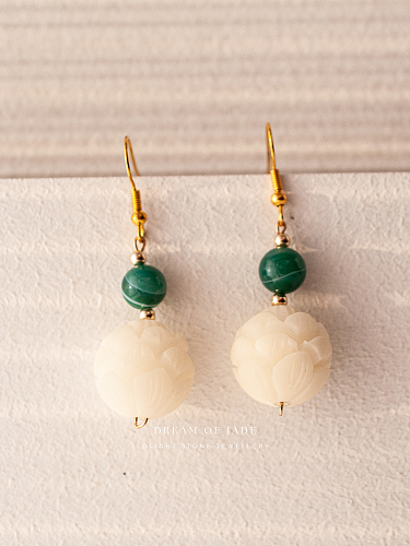 Lotus Blessing｜Hand-Carved Bodhi Seed & Green Banded Agate Earrings | 925 Gold-Plated Silver