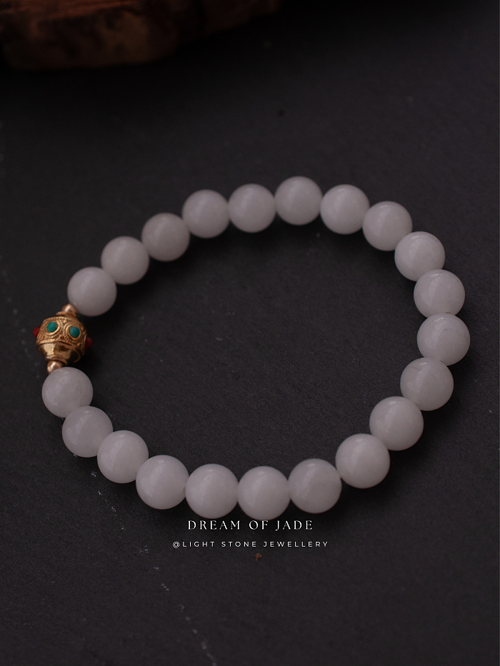 White Jade Prayer Wheel Bracelet with Hetian Jade, Gold-Plated Bead, Turquoise, and Red Agate