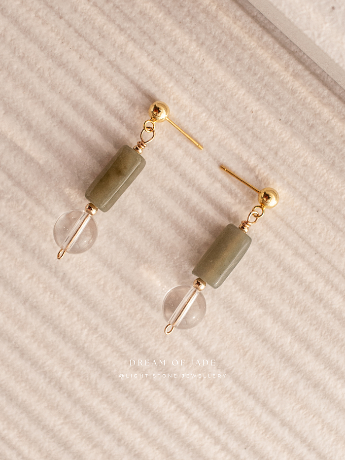 Misty Glimmer Earrings with Hetian Green Jade, Crystal, and Gold-Plated Sterling Silver