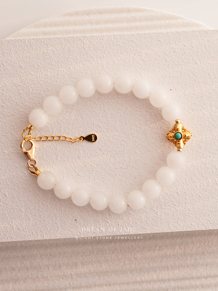 Blessing Bead｜Hetian White Jade Bracelet | Turquoise Inlay｜Gold-Plated Silver