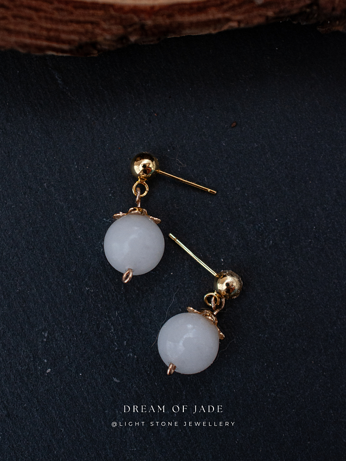 White Dew Earrings with Hetian White Jade and Gold-Plated Sterling Silver, Minimalist Design