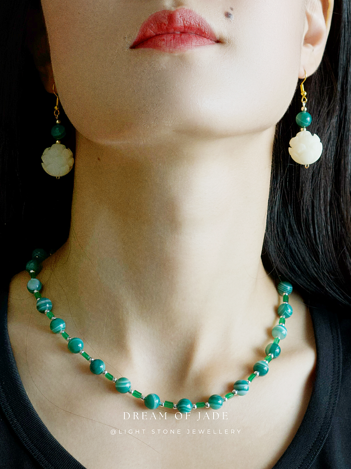 Unique Green Banded Agate Jade Necklace with Sterling Silver from Light Stone Jewellery - Handmade and Authentic Asian Gemstone Jewelry