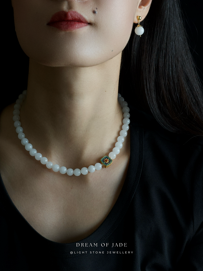 White Jade Blossom Necklace with Hetian Jade and Cloisonné Enamel, Sterling Silver Gold-Plated - Traditional Chinese Craftsmanship