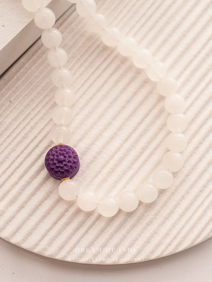 Sunlit Blossom｜Hetian White Jade Necklace | Purple Lepidolite｜Beaded Necklace