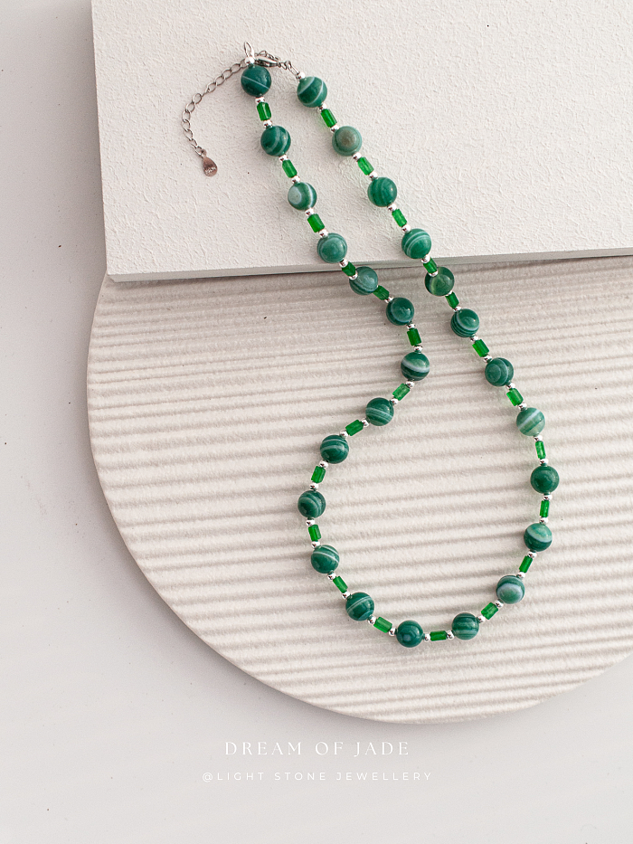 Emerald Stream｜Green Banded Agate Jade Necklace | Green Chalcedony｜Beaded Necklace