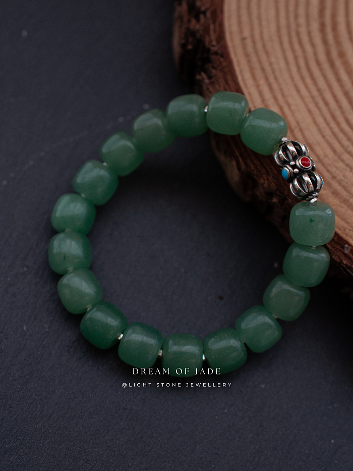 Green Apple｜Aventurine Beaded Bracelet | Dongling Jade｜Tibetan Silver Bead
