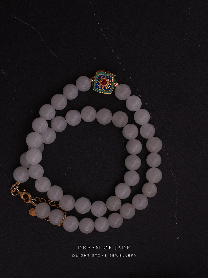 White Jade Blossom Necklace with Hetian Jade and Cloisonné Enamel, Sterling Silver Gold-Plated - Traditional Chinese Craftsmanship