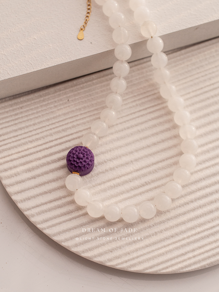 Sunlit Blossom｜Hetian White Jade Necklace | Purple Lepidolite｜Beaded Necklace