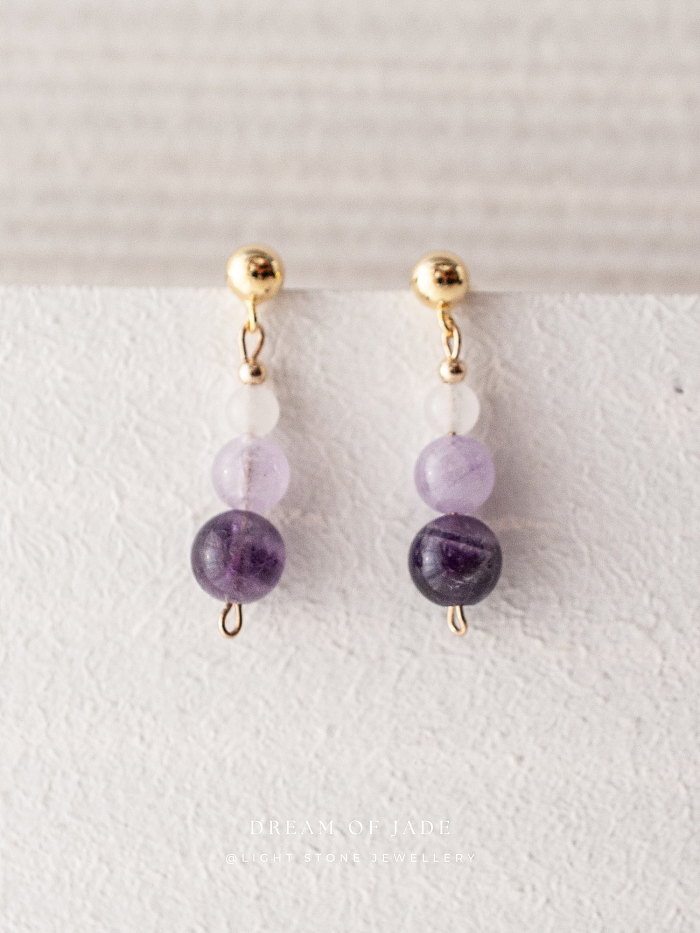 Amethyst & White Jade Earrings with Two-Toned Amethyst Beads and Hetian Jade, Gold-Plated Sterling Silver