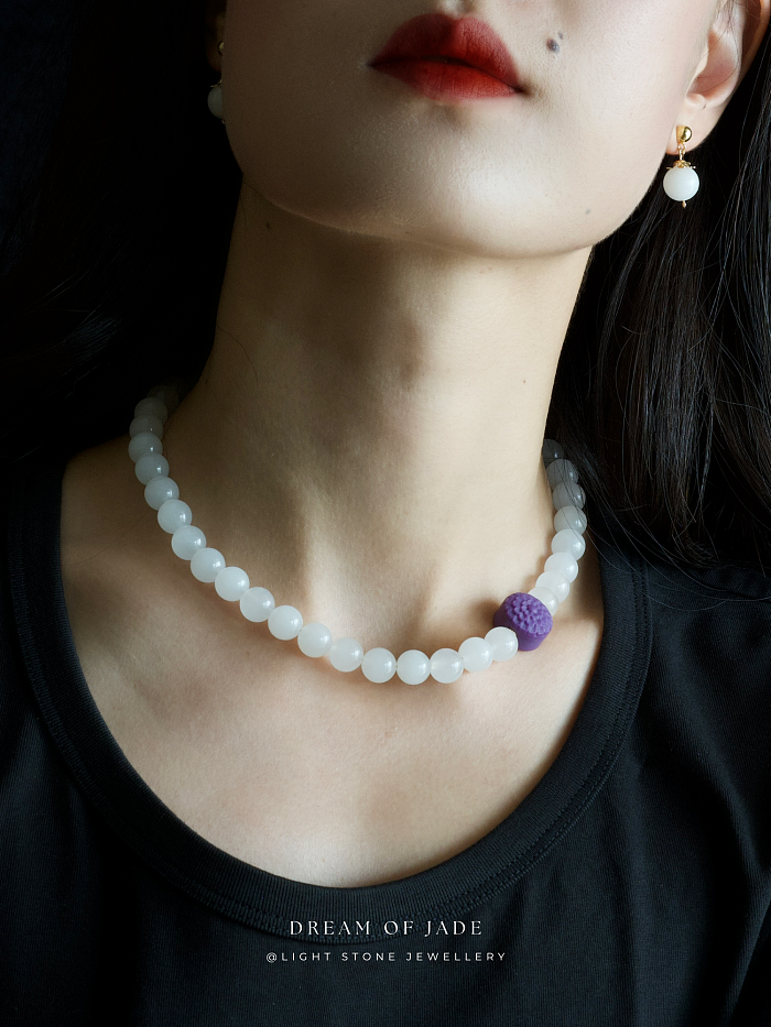 Sunlit Blossom｜Hetian White Jade Necklace | Purple Lepidolite｜Beaded Necklace