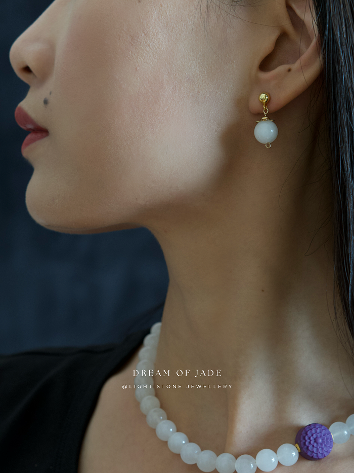 White Dew Earrings with Hetian White Jade and Gold-Plated Sterling Silver, Minimalist Design