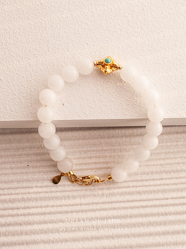 Blessing Bead｜Hetian White Jade Bracelet | Turquoise Inlay｜Gold-Plated Silver