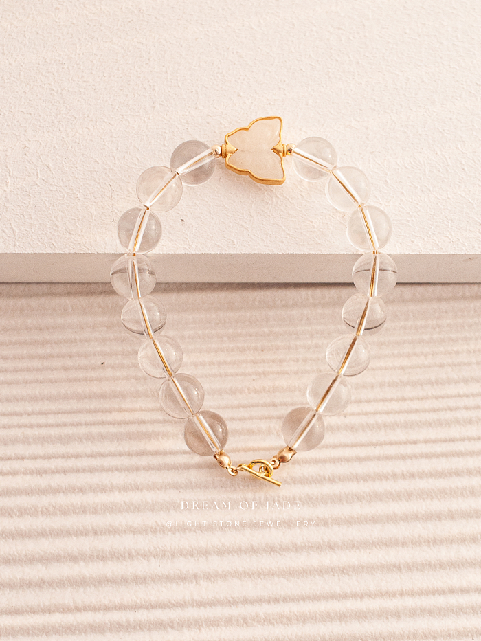 Ethereal Butterfly Bracelet with Hetian White Jade and Clear Quartz Beads, 14k Gold Accents - Handmade Jewelry