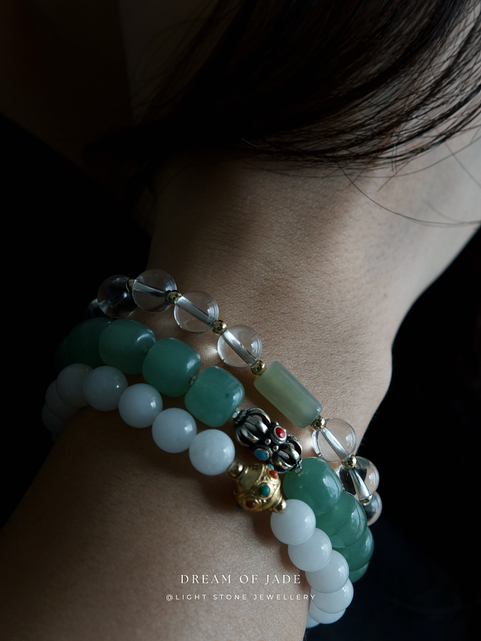 Green Apple｜Aventurine Beaded Bracelet | Dongling Jade｜Tibetan Silver Bead