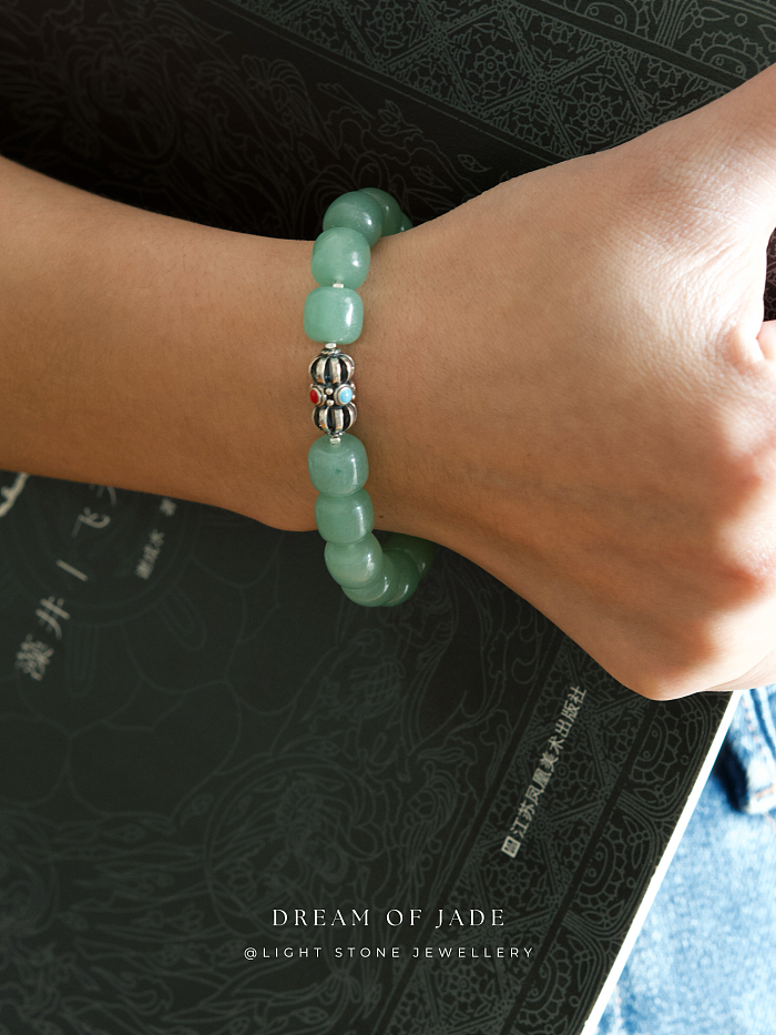 Green Apple｜Aventurine Beaded Bracelet | Dongling Jade｜Tibetan Silver Bead