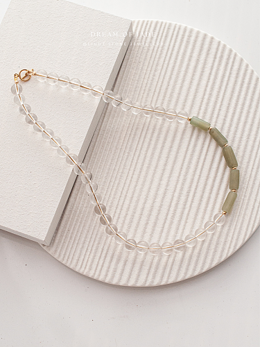 Misty Glimmer｜Hetian Green Jade Necklace | Clear Quartz｜Beaded Necklace