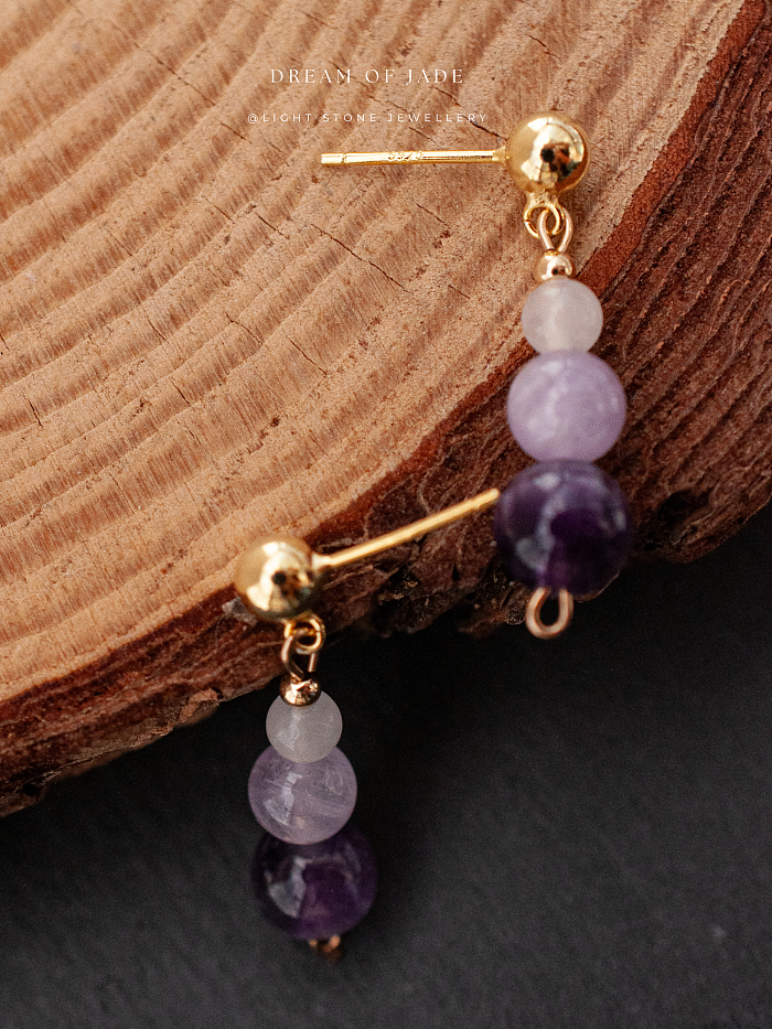 Amethyst & White Jade Earrings with Two-Toned Amethyst Beads and Hetian Jade, Gold-Plated Sterling Silver