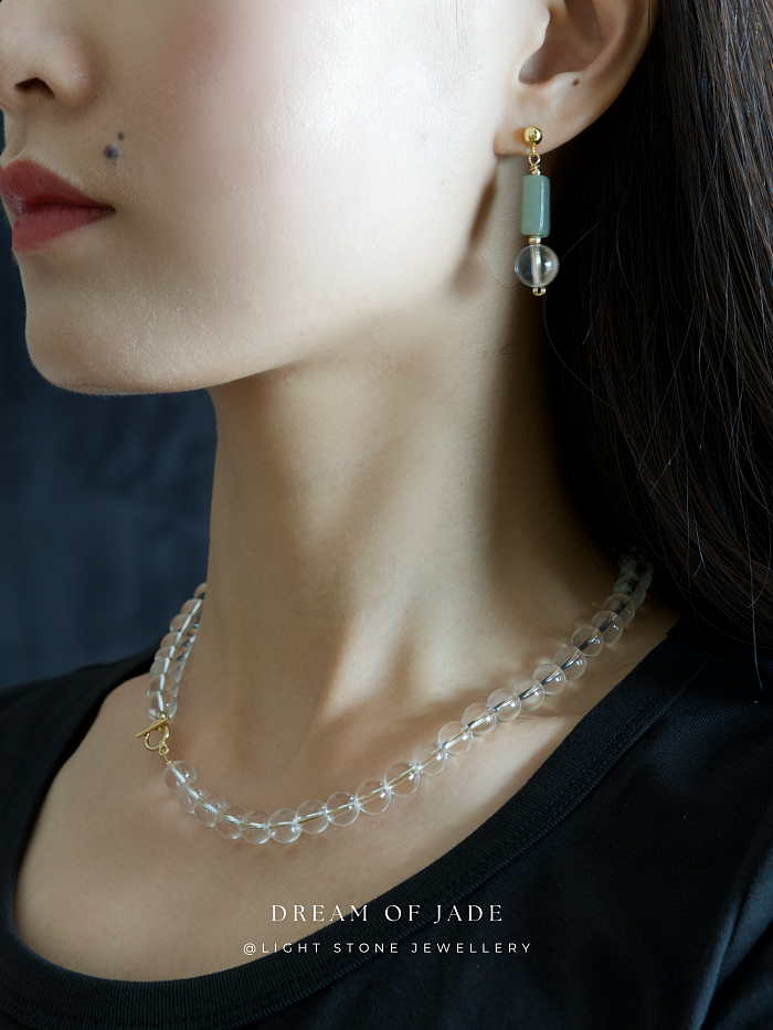 Misty Glimmer Earrings with Hetian Green Jade, Crystal, and Gold-Plated Sterling Silver