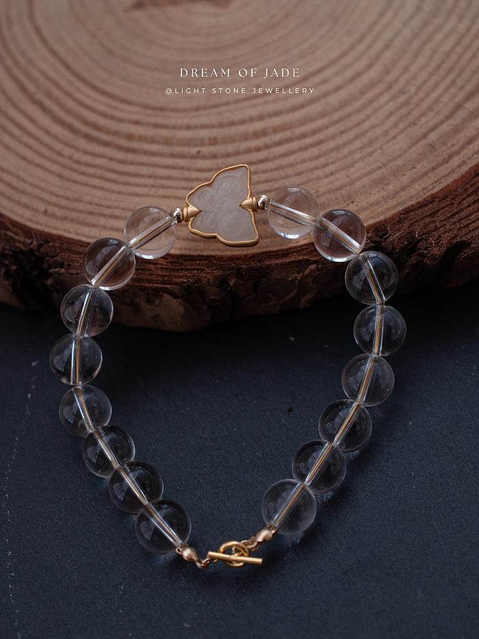 Ethereal Butterfly Bracelet with Hetian White Jade and Clear Quartz Beads, 14k Gold Accents - Handmade Jewelry