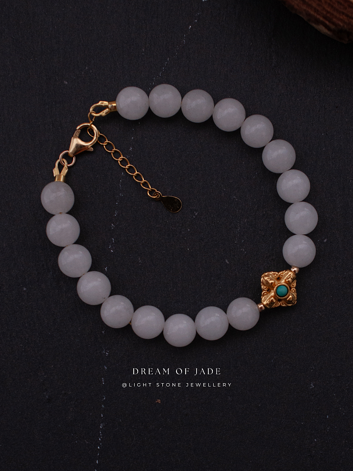 Blessing Bead｜Hetian White Jade Bracelet | Turquoise Inlay｜Gold-Plated Silver