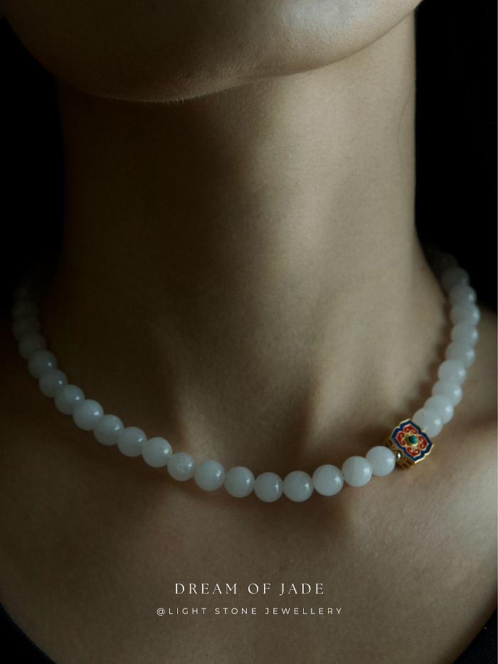White Jade Blossom Necklace with Hetian Jade and Cloisonné Enamel, Sterling Silver Gold-Plated - Traditional Chinese Craftsmanship