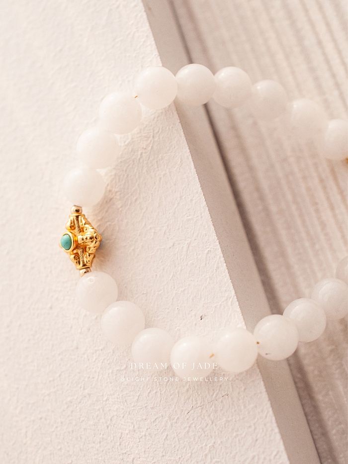 Blessing Bead｜Hetian White Jade Bracelet | Turquoise Inlay｜Gold-Plated Silver
