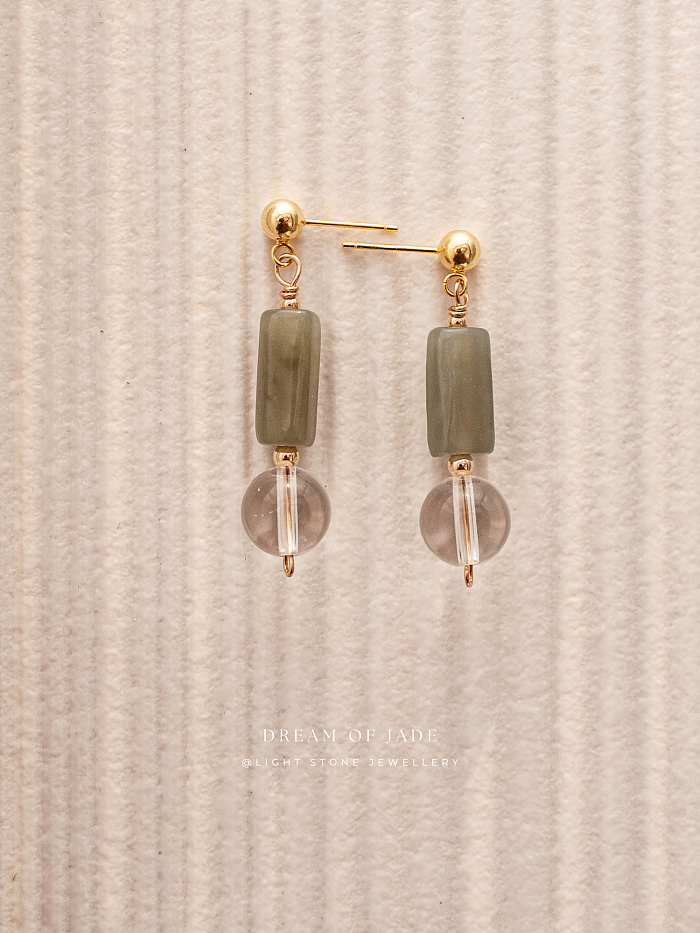 Misty Glimmer Earrings with Hetian Green Jade, Crystal, and Gold-Plated Sterling Silver