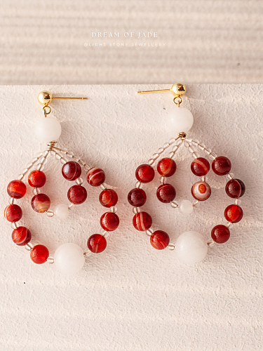 Crimson Elegance｜Banded Agate & White Jade Earrings | 925 Gold-Plated Silver | 14k Gold-Filled Wire