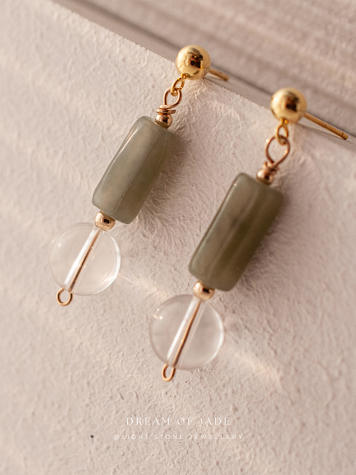 Misty Glimmer Earrings with Hetian Green Jade, Crystal, and Gold-Plated Sterling Silver
