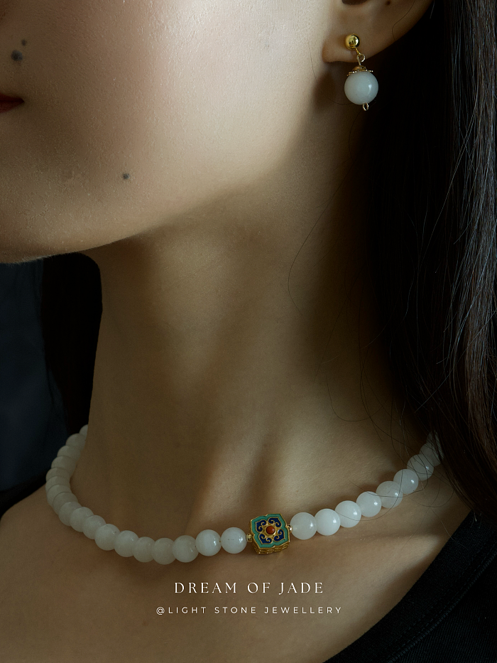 White Jade Blossom Necklace with Hetian Jade and Cloisonné Enamel, Sterling Silver Gold-Plated - Traditional Chinese Craftsmanship