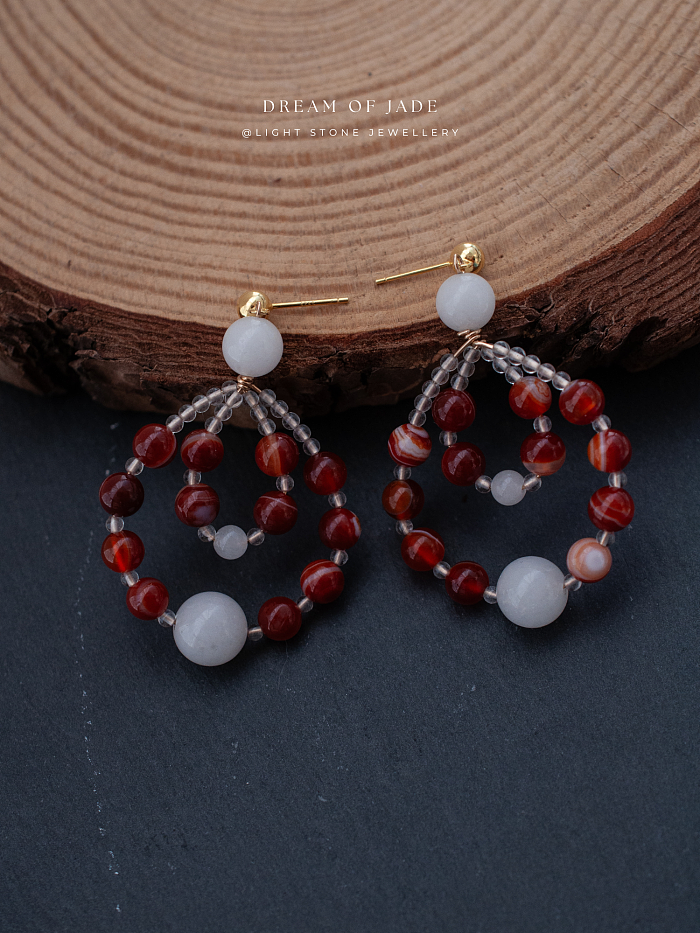 Crimson Weave Earrings with Red Banded Agate and White Jade in a Teardrop Woven Design