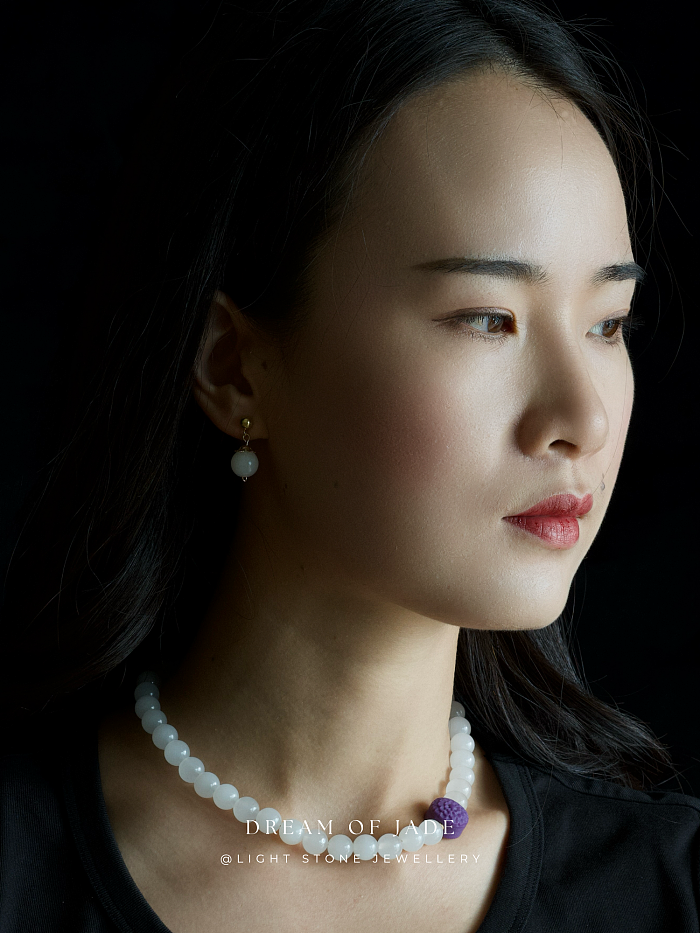 White Dew Earrings with Hetian White Jade and Gold-Plated Sterling Silver, Minimalist Design