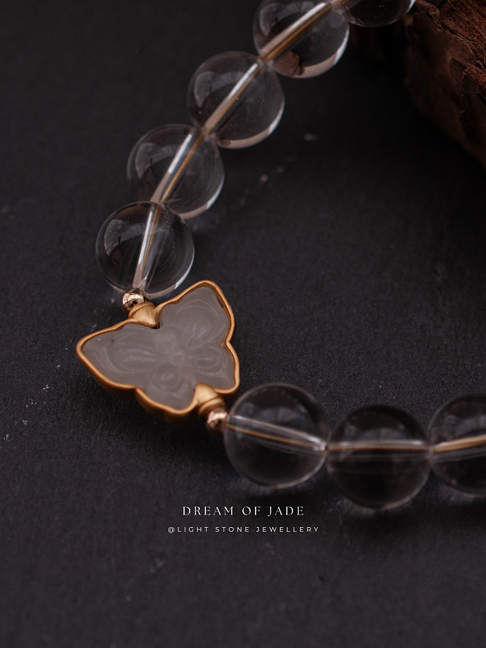 Ethereal Butterfly｜Hetian White Jade Butterfly Bracelet | Clear Quartz｜Gold-plated Silver