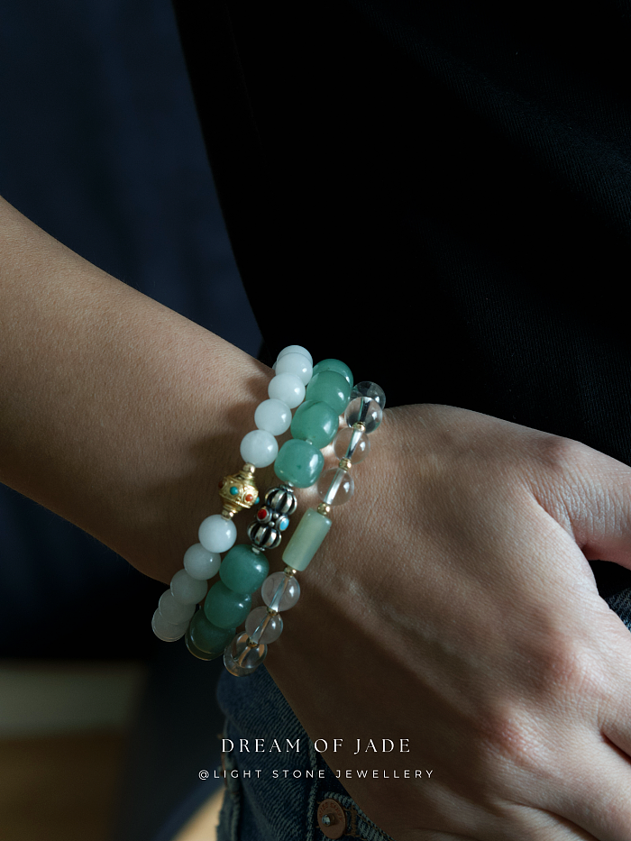 Green Apple｜Aventurine Beaded Bracelet | Dongling Jade｜Tibetan Silver Bead