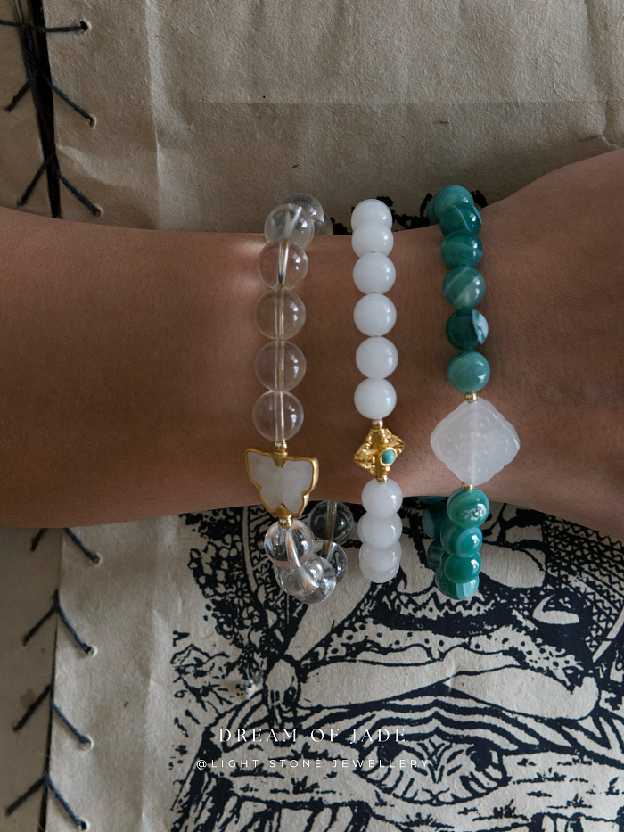 Ethereal Butterfly Bracelet with Hetian White Jade and Clear Quartz Beads, 14k Gold Accents - Handmade Jewelry