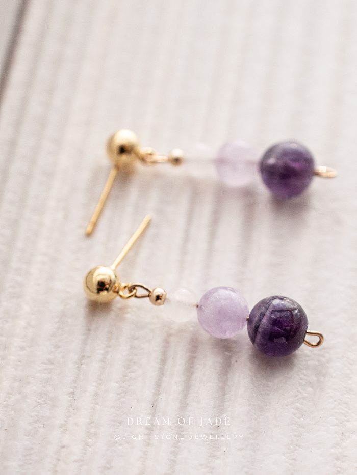Amethyst & White Jade Earrings with Two-Toned Amethyst Beads and Hetian Jade, Gold-Plated Sterling Silver