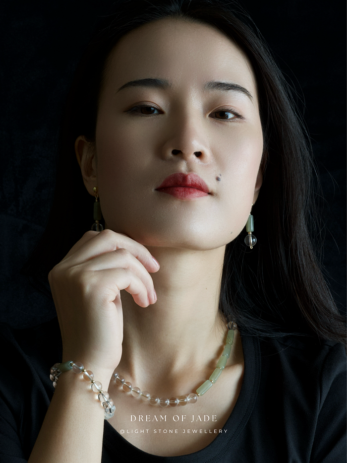 Misty Glimmer Necklace with Hetian Green Jade and Clear Quartz Beads - Handmade Ethereal Jewelry