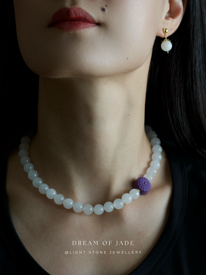 Sunlit Blossom｜Hetian White Jade Necklace | Purple Lepidolite｜Beaded Necklace