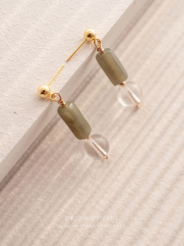 Misty Glimmer Earrings with Hetian Green Jade, Crystal, and Gold-Plated Sterling Silver