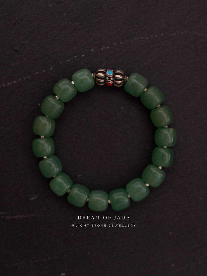 Green Apple｜Aventurine Beaded Bracelet | Dongling Jade｜Tibetan Silver Bead