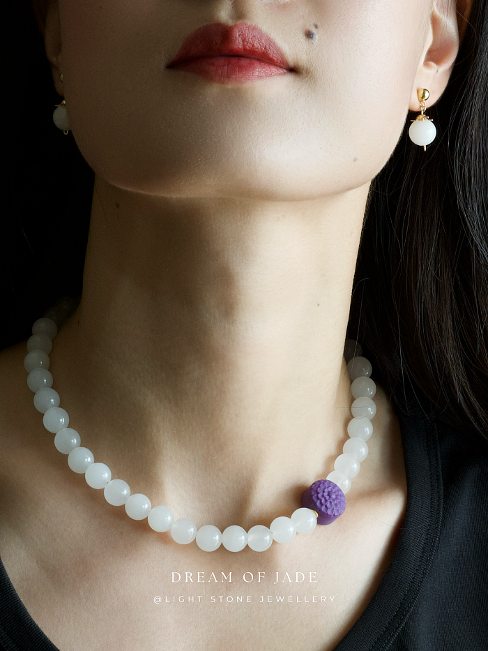 White Dew Earrings with Hetian White Jade and Gold-Plated Sterling Silver, Minimalist Design