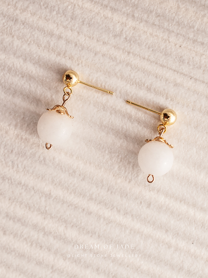 White Dew Earrings with Hetian White Jade and Gold-Plated Sterling Silver, Minimalist Design
