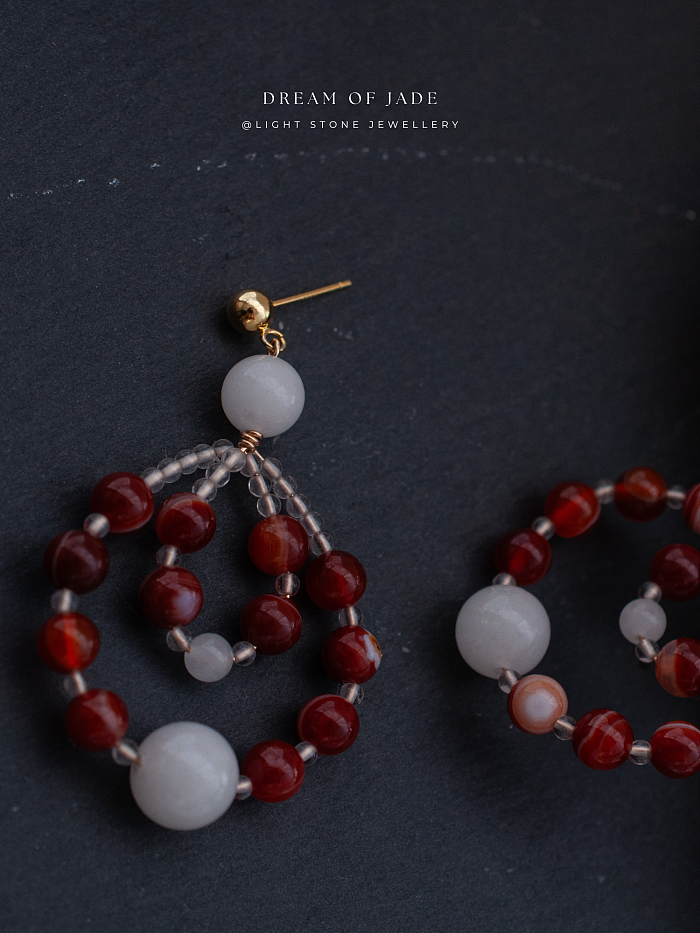 Crimson Weave Earrings with Red Banded Agate and White Jade in a Teardrop Woven Design