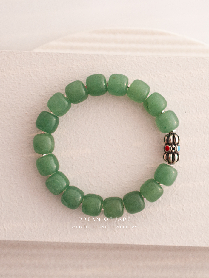 Green Apple｜Aventurine Beaded Bracelet | Dongling Jade｜Tibetan Silver Bead