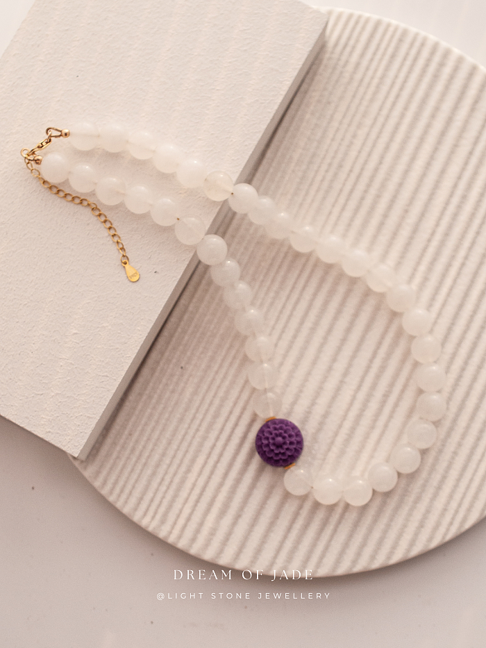Sunlit Blossom｜Hetian White Jade Necklace | Purple Lepidolite｜Beaded Necklace
