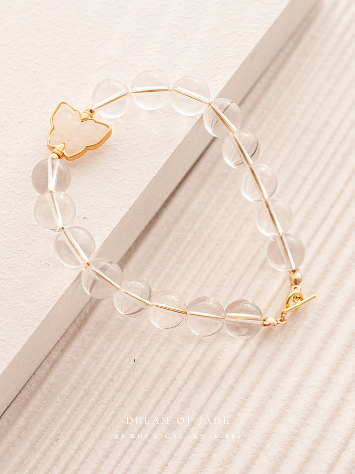 Ethereal Butterfly Bracelet with Hetian White Jade and Clear Quartz Beads, 14k Gold Accents - Handmade Jewelry